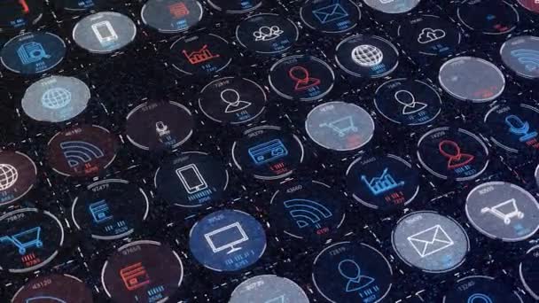 Abstract digital icons of nowadays internet reality blinking on dark background, seamless loop. Animation. Symbols of wifi, communication, business, and devices. — Stock Video