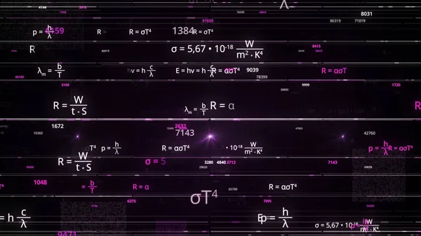 空飛ぶ記号、関数、方程式を持つ数学的背景。アニメーション。代数学,幾何学,物理学の概念,シームレスなループ. — ストック写真