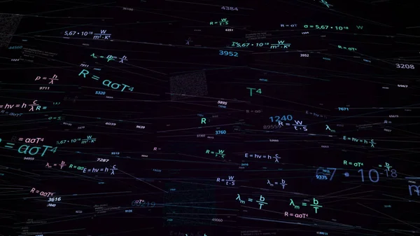 Fórmulas matemáticas flotantes en movimiento de bucle sin fisuras. Animación. Volando a través de diferentes fórmulas matemáticas y físicas aisladas en el fondo negro, concepto de la escuela y los estudios universitarios. — Foto de Stock