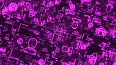 Neon hücrelerin arka planı. Animasyon. İş temalı görüntüleri olan parlak elektronik hücreler. Elektronik formdaki iş rozetleri