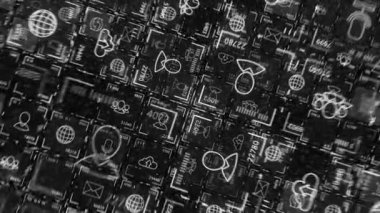 Bilgi işaretli elektronik hücreler. Başla. Bilgisayar alanında görüntüsü olan siyah beyaz simgeler. İşle ilgili resimlere sahip elektronik simgeler