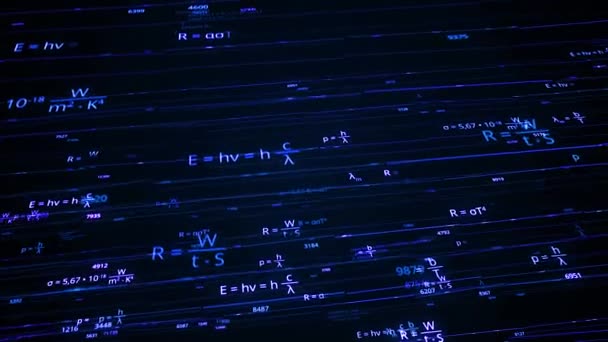 Many formulas in physics. Animation. Formulas for physics in electronic form on dark background. Neon physics formulas swirl in whirlwind in cyberspace — Stock Video