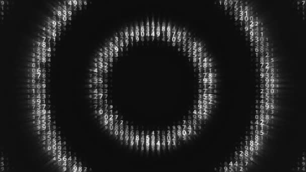 Gloeiende cirkels met getallen bewegen op zwarte achtergrond. Animatie. Hypnotische animatie met bewegende gecentraliseerde cirkels van gloeiende getallen. Cirkels tonen cijfers achter zwarte achtergrond — Stockvideo