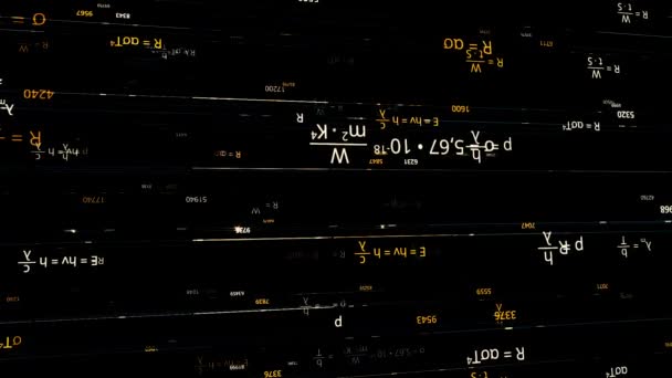 Eindeloze hoeveelheid wetenschappelijke formules ondersteboven wordt geschreven op zwarte achtergrond, naadloze lus. Animatie. Gouden en witte complexe wiskundige formules. — Stockvideo