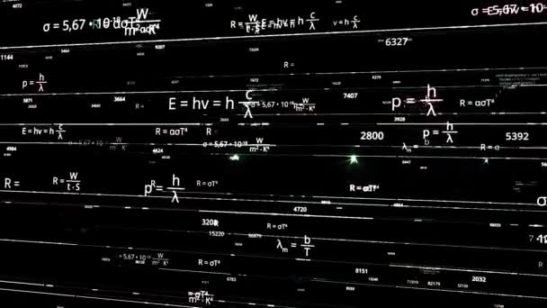 Proceso de autoeducación en inteligencia artificial en los campos de las matemáticas y la física, monocromo. Animación. Movimiento caótico de fórmulas blancas en el espacio negro, bucle sin costuras. — Vídeos de Stock