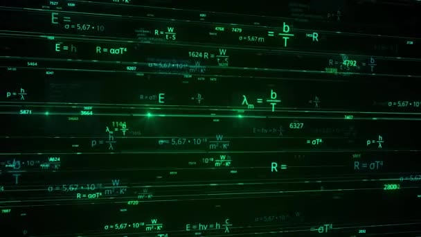 Gloeiende neon wiskundige formules vliegen chaotisch op zwarte achtergrond, naadloze lus. Animatie. Concept van exacte wetenschap en onderwijs. — Stockvideo