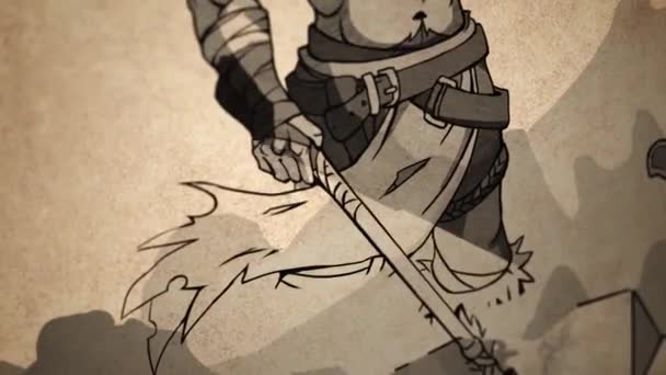 Kartun abstrak dengan prajurit berotot dengan pedang dan kapak abad pertengahan berdiri di reruntuhan musuh yang kalah. Rekaman saham. Gambar animasi dari seorang petarung pria setelah pertempuran. — Stok Video