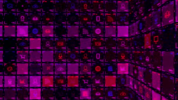 Icônes technologiques abstraites dans une interface de grille rose foncé et rouge. Animation. Écran numérique avec des symboles clignotants de connexion Internet, appareils, téléchargements et communication. — Video