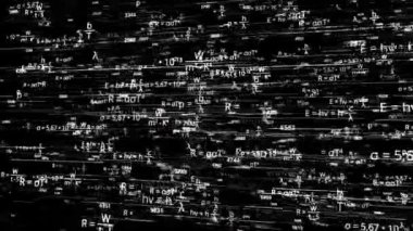 Matematiksel denklemler ve formüller üzerinden uçan kamera. Animasyon. Işık çekirdeği patlaması birçok farklı bilimsel formüle sahiptir..