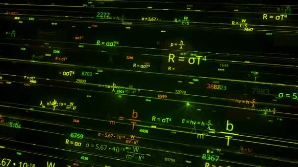 Brillantes fórmulas matemáticas de neón volando caóticamente sobre fondo negro, bucle sin fisuras. Animación. Concepto de ciencia y educación exactas. — Vídeos de Stock