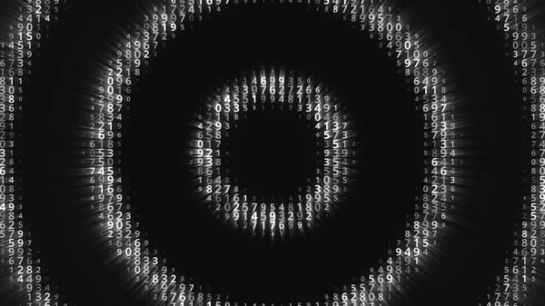 Círculos brilhantes com números se movem sobre fundo preto. Animação. Animação hipnótica com círculos centralizados em movimento de números brilhantes. Círculos mostrar números por trás fundo preto — Fotografia de Stock