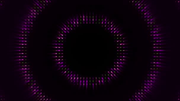 Elektronische gloeiende cirkels op zwarte achtergrond. Animatie. Animatie met diode cirkels die bewegen op zwarte achtergrond. Nachtshow achtergrond met neon hypnotische ringen — Stockvideo