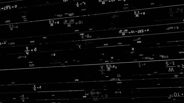 Proces sztucznej inteligencji samokształcenia w dziedzinie matematyki i fizyki, monochromatyczne. Animacja. Chaotyczny ruch białych formuł w czarnej przestrzeni, płynna pętla. — Zdjęcie stockowe