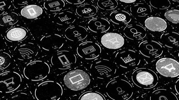 Black and white technological background with internet, communication, online shopping signs. Animation. Monochrome blinking and changing round shaped symbols.