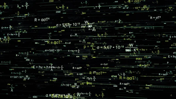 Karanlık arka planda soyut yüzen matematiksel formüller. Animasyon. Okul eğitimi kavramı, formüller bilgi gücünün sembolü olarak bir ışık kaynağı haline geliyor.. — Stok fotoğraf