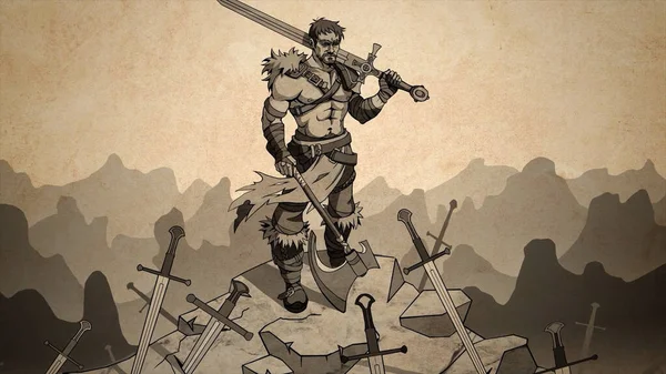 Абстрактная карикатура с мускулистым воином с мечом и средневековым топором, стоящим на руинах побежденных врагов. Запись. Анимированная фотография бойца-мужчины после боя. — стоковое фото