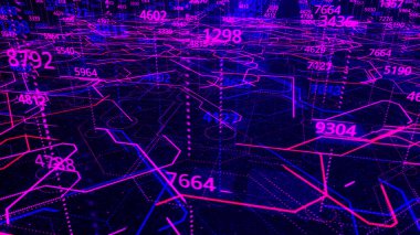 Analitik ve istatistik verileri olan teknolojik altyapı ve siyah arkaplan grafikleri. Animasyon. Yeşil ve mavi değişen grafikler ve sayılar.