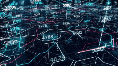 Devre kartı soyut sunucusunda veri işleme. Animasyon. Hareketli çizgiler, pürüzsüz döngü ile gösterilen büyük veriye sahip teknolojik arkaplan.