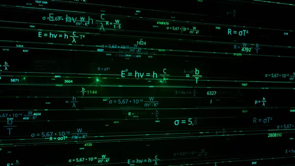 Brillantes fórmulas matemáticas de neón volando caóticamente sobre fondo negro, bucle sin fisuras. Animación. Concepto de ciencia y educación exactas. — Foto de Stock