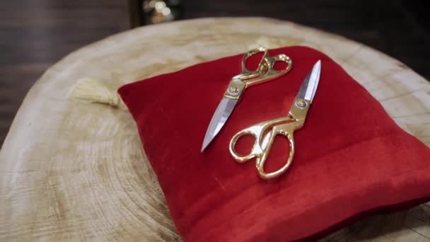 Scissors for cutting ribbons during grand openings or celebration of events. Video. Close up of golden scissors on a red pillow. — Stock Video