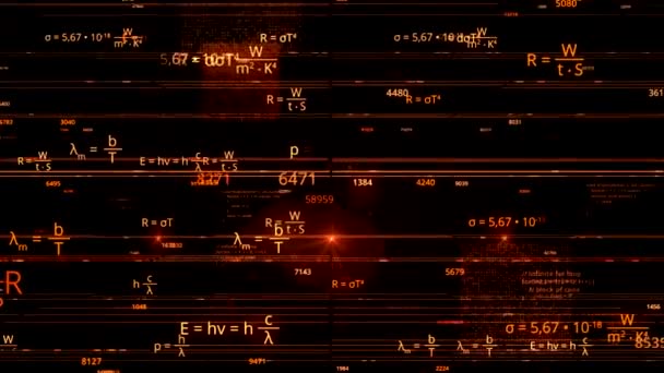 Vliegen door verschillende wiskundige formules, concept van wetenschap en kennis. Animatie. Kleurrijke wetenschappelijke achtergrond met formules en symbolen, naadloze lus. — Stockvideo