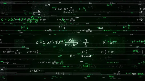 Mathematische Formeln auf schwarzem Hintergrund. Animation. Mathematische Formeln fliegen im Computerraum. Mathematischer Hintergrund — Stockfoto