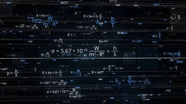 Apareciendo fórmulas matemáticas sobre fondo negro. Animación. Las fórmulas y números matemáticos cambian y aparecen en el espacio informático. Antecedentes matemáticos para estudiantes — Foto de Stock