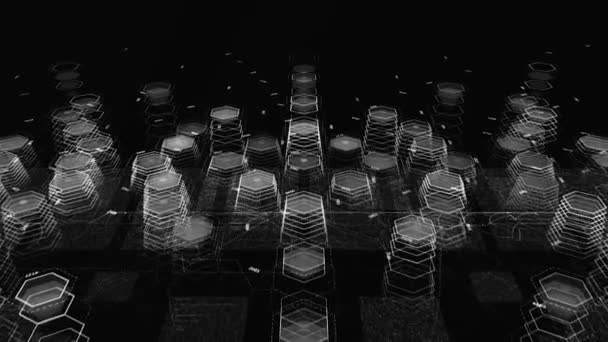 Futuristische Animation mit Sechsecken. Animation. Viele 3D-Sechsecke im Cyberspace bilden eine Textur. Sechsecke bewegen sich und formen sich zu Texturen — Stockvideo
