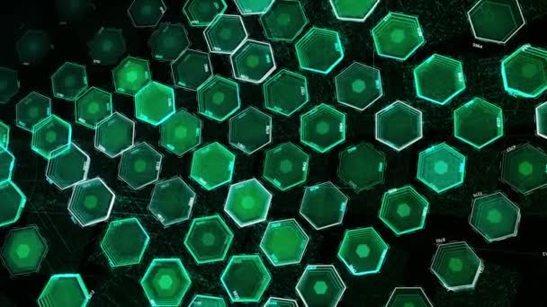 Fond d'hexagones colorés pulsants. Animation. Holographique néon hexagones pouls sur fond noir. Structure faite de nids d'abeilles futuristes — Video