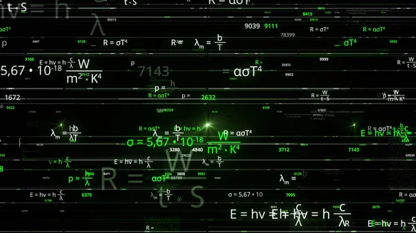 Concepto de investigación matemática o científica. Animación. Física y fórmulas matemáticas para cálculos volando aleatoriamente sobre fondo negro, bucle sin fisuras. — Foto de Stock