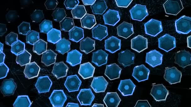 Fondo de hexágonos de colores pulsantes. Animación. Hexagones holográficos de neón pulso sobre fondo negro. La estructura está hecha de panales futuristas — Vídeos de Stock