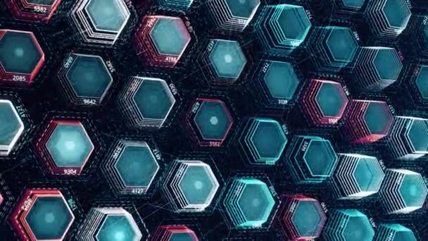 3D zeshoekige muur. Animatie. Holografische zeshoeken puls op zwarte achtergrond. Achtergrond van futuristische gloeiende hexagonen — Stockvideo