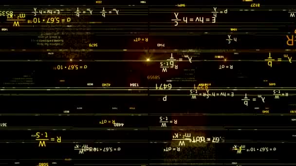 Fondo de ciencia física con fórmulas doradas reflejadas en fondo negro, lazo sin costuras. Animación. Concepto de ciencia y educación a través de Internet. — Vídeos de Stock