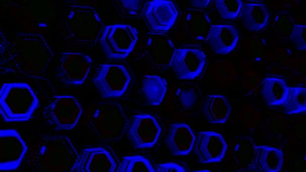 Abstracte donkerblauwe zeshoeken, willekeurige beweging achtergrond. Animatie. Neon gekleurde geometrische vormen creëren een vloeiende textuur, naadloze lus. — Stockvideo