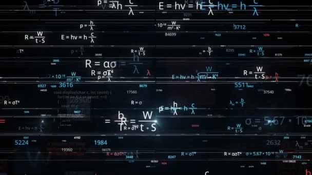 Blokken abstracte wiskundige formules worden geschreven en verplaatst in de virtuele ruimte. Animatie. De camera vliegt door de wiskundige formules op zwarte achtergrond, naadloze lus. — Stockvideo