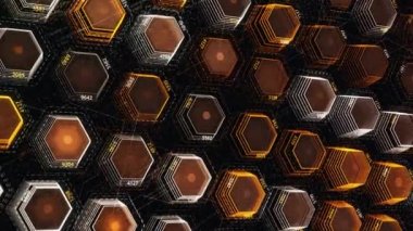 İnternet ve bilgisayar bilimi kavramı. Animasyon. Siyah arkaplanda yanıp sönen altıgen şekilli kahverengi ve sarı satırlar tarafından sunulan soyut teknolojik arkaplan.