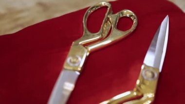 Büyük açılışlarda ya da etkinlik kutlamalarında kurdele kesmek için makas. Video kaydı. Kırmızı yastıktaki altın makası kapat..