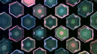 Yavaş yavaş yanıp sönen mavi ve yeşil renkli altıgen figürler, dikişsiz döngü. Animasyon. Altıgen dokunun önünde akan şeffaf şekiller.