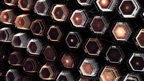 Абстрактные шестиугольники мигают случайным образом на черном фоне. Анимация. Поле трехмерных геометрических фигур такого же размера коричневого цвета, бесшовный цикл. — стоковое видео