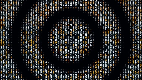 Fondo tecnológico con filas de números aleatorios y círculos negros que se extienden uno por uno. Animación. Concepto de transmisión digital de datos, bucle sin fisuras. —  Fotos de Stock