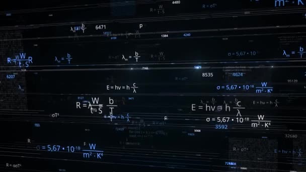Siyah arkaplanda matematiksel formüller görünüyor. Animasyon. Matematiksel formüller ve sayılar değişir ve bilgisayar alanında ortaya çıkar. Öğrenciler için matematik arkaplanı — Stok video