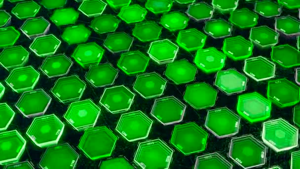 Background of pulsing neon hexagons. Animation. Futuristic 3d hexagons pulse on black background. Cells or cyberspace cells glow and pulse — Stock Video