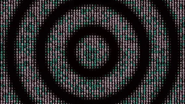 Abstract seamless loop motion of black same size rings on the background of small numbers. Animation. Circles moving towards the center of a screen with rows of digits behind them, concept of data — Stock Photo, Image