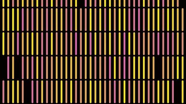 Soyut pembe ve sarı dikey aynı boyut segmentleri siyah arkaplanda, dipsiz döngü. Animasyon. Basit bir video oyunu arayüzüne benzeyen renkli satırlar.