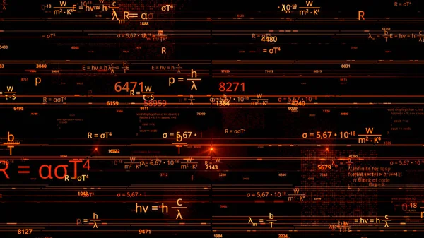 Volando a través de diferentes fórmulas matemáticas, concepto de ciencia y conocimiento. Animación. Fondo científico colorido que muestra fórmulas y símbolos, lazo sin costuras. — Foto de Stock