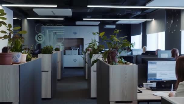 Moderno espacio abierto interior de la oficina con muchas plantas verdes, muebles, grandes ventanas. HDR. Administradores de oficinas que trabajan en ordenadores. — Vídeos de Stock