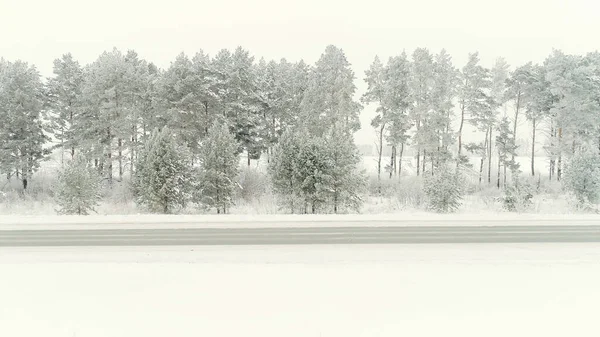 Caminhão de carro ao longo da estrada através da floresta de inverno. Cena. Vista aérea no carro dirigindo no inverno, estrada cercada de bela floresta coberta de neve — Fotografia de Stock