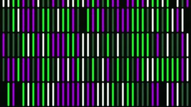 Siyah arkaplanda aşağıdan yukarıya aralıklarla hareket eden soyut dikey paralel doğru segmentleri. Animasyon. Renkli çizgilerin kusursuz döngü hareketi.