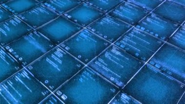 Bilgisayar içinde program arayüzü yapısı. Animasyon. Program kodları şeklinde bilgisayar veritabanına sahip parlak mavi arkaplan. Tablo hücrelerinde yazılım