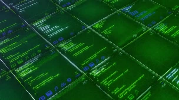 Zielone tło z kodami programu w tabeli. Animacja. futurystyczne tło komputerowe z pojawiającymi się kodami programu w komórkach. Tabela lub komórki o kodzie macierzy — Wideo stockowe